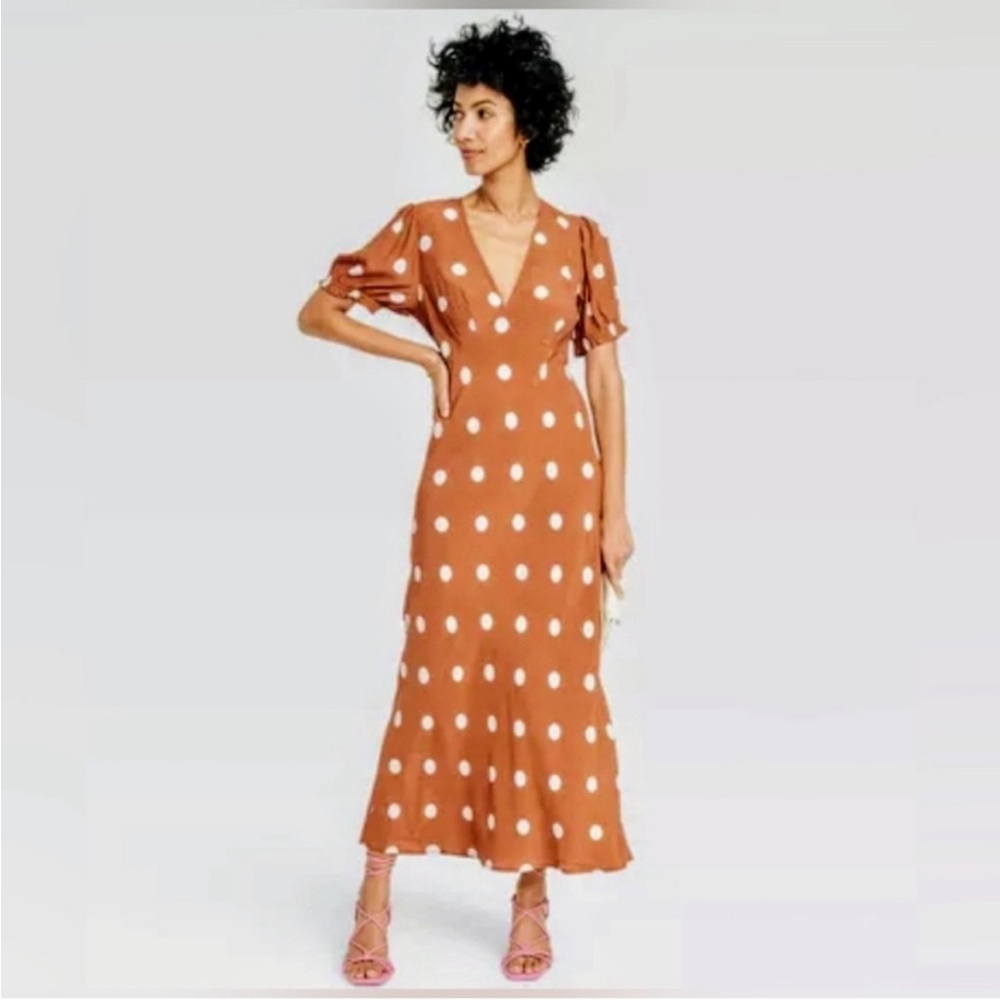 A New Day Polka Dot Midi Dress in Brown, EUC size Small